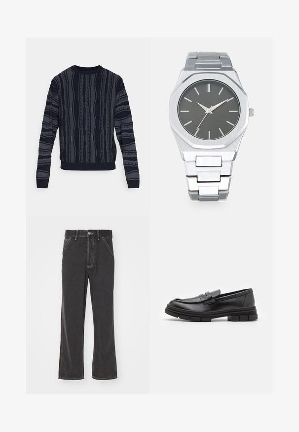 Redefined Rebel TETON REGULAR FIT - Jersey de punto - black grey; Jeans de mezclilla negra acampanados con una cintura alta, costuras en contraste, bolsillos frontales y un cierre de botón. El material parece resistente con una textura suave.; Mocasines de piel negra con un acabado suave, que presentan un detalle de correa en la parte delantera y una suela de goma gruesa con acentos acanalados.; Reloj analógico plateado con caja octagonal, esfera gris, marcadores de hora plateados y pulsera de eslabones de acero inoxidable. Diseño minimalista con textura suave.