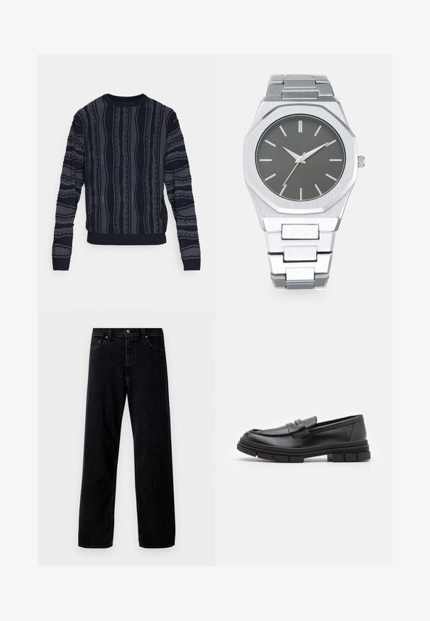 Redefined Rebel TETON REGULAR FIT - Stickad tröja - black grey; Hollister Co. Baggy jeans - washed black; Svarta läderloafers med en slät finish, med en framrem och en chunky gummisula med spåriga detaljer.; Silverfärgad analog klocka med en oktagonal klocka, grå urtavla, silverfärgade timmarkörer och ett armband i rostfritt stål med länkar. Minimalistisk design med mjuk struktur.