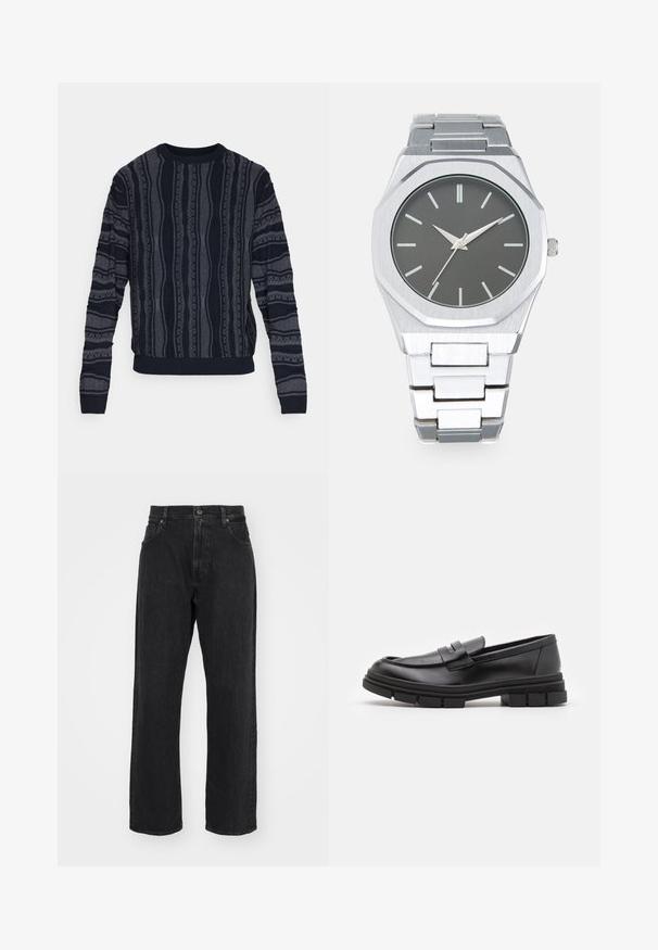 Redefined Rebel TETON REGULAR FIT - Πουλόβερ - black grey; Μαύρα τζιν παντελόνια με ίσια γραμμή, διαθέτοντας κανονική μέση, σχέδιο πέντε τσέπης και διακριτές ραφές.; Μαύρο δερμάτινο loafers με λείο φινίρισμα, που διαθέτει λεπτομέρεια μπροστινής ταινίας και χοντρή ελαστική σόλα με γραμμωτές λεπτομέρειες.; Ασημένιο αναλογικό ρολόι με οκταγωνία θήκη, γκρι καντράν, ασημένιους δείκτες ώρας και βραχιόλι από ατσάλι σε links. Μινιμαλιστικός σχεδιασμός με ομαλή υφή.