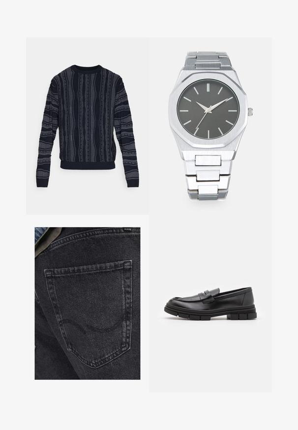 Redefined Rebel TETON REGULAR FIT - Jersey de punto - black grey; Jeans de mezclilla negros con un bolsillo trasero que presenta sutiles detalles de costura. La textura es ligeramente desgastada con un acabado suave y desvaído.; Mocasines de piel negra con un acabado suave, que presentan un detalle de correa en la parte delantera y una suela de goma gruesa con acentos acanalados.; Reloj analógico plateado con caja octagonal, esfera gris, marcadores de hora plateados y pulsera de eslabones de acero inoxidable. Diseño minimalista con textura suave.