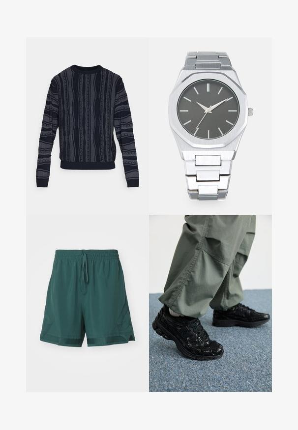 Redefined Rebel TETON REGULAR FIT - Camisola - black grey; Jordan M J DF SPRT WVN DMND - Calções desportivos - oxidized green; Sapatilhas desportivas pretas com texturas brilhantes e de malha, apresentando uma sola grossa e atacadores, combinadas com calças cargo largas de cor verde-oliva.; Relógio analógico prateado com caixa octogonal, mostrador cinza, marcadores de horas prateados e bracelete de elos em aço inoxidável. Design minimalista com textura suave.