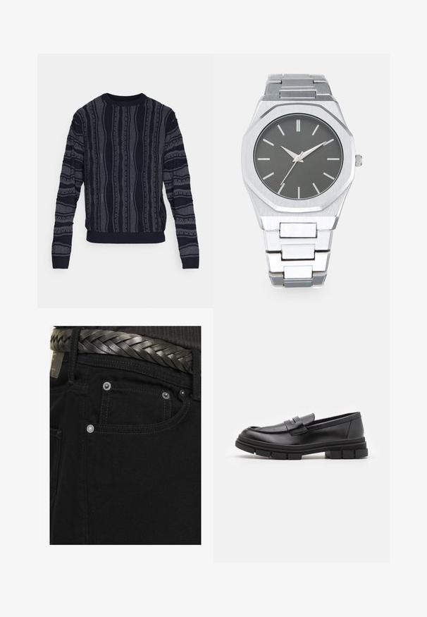 Redefined Rebel TETON REGULAR FIT - Pullover - black grey; Jack & Jones JJIALEX JJORIGINAL - Jean baggy - black; Mocassins en cuir noir avec une finition lisse, présentant un détail de sangle à l'avant et une semelle en caoutchouc épaisse avec des accents striés.; Montre analogique argentée avec un boîtier octogonal, un cadran gris, des index de heures argentés et un bracelet en acier inoxydable. Design minimaliste avec texture lisse.