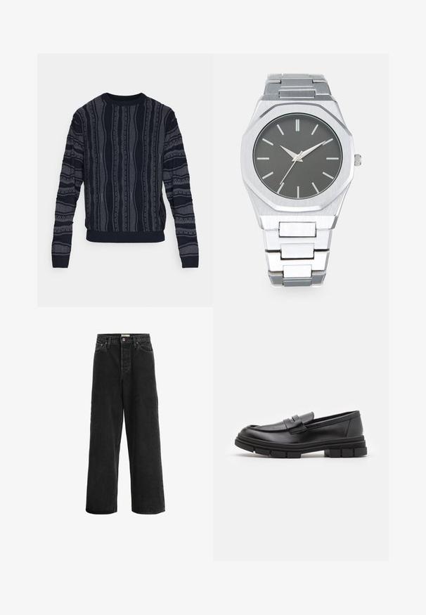 Redefined Rebel TETON REGULAR FIT - Pulover - black grey; Črne široke kavbojke iz denima. Imajo visok pas, dva sprednja žepa, gumbasto zapiranje in subtilne detajle šivanja.; Črne usnjene loafersice z gladkim zaključkom, ki imajo sprednji trak in debel gumijast podplat z utori.; Srebrna analogna ura z osmokotno ohišje, siva številčnica, srebrni kazalci ter pas iz nerjavečega jekla. Minimalističen dizajn s hladno teksturo.