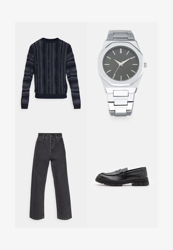 Redefined Rebel TETON REGULAR FIT - Pulover - black grey; Jeans cu talie înaltă, cu picior drept, din denim gri închis, având un design clasic cu cinci buzunare și cusături contrastante pe tipare.; Loaferi din piele neagră cu un finisaj neted, având un detaliu cu bretea frontală și o talpă din cauciuc masivă cu accente striate.; Ceas analog argintiu cu carcasă octagonală, cadran gri, marcaje orare argintii și brățară din oțel inoxidabil cu zale. Design minimalist cu textură netedă.