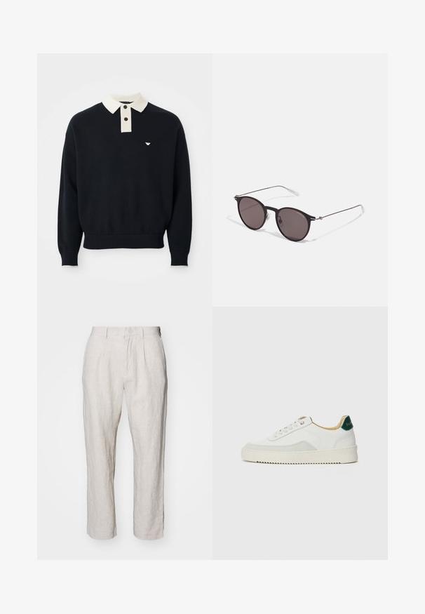 Black long-sleeve sweater with a white collar, two buttons, ribbed cuffs and hem, and a small white logo on the left chest.; NN.07 BILL - Trousers - beige; White sneaker with suede accents, rounded toe, flat laces, and a cream rubber sole. Features green branding on the heel.; Black round sunglasses with dark lenses and slim metal arms. Includes clear temple tips and silver accents at the hinge. Minimalist design.