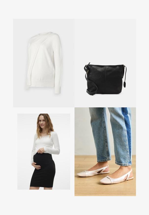 Biały sweter z długim rękawem, o okrągłym dekolcie, z ukośnym złożonym wzorem z przodu oraz prążkowanymi mankietami i dołem. Miękki materiał.; Biała bluzka z długim rękawem wykończona koronką, zestawiona z dopasowaną czarną spódnicą ciążową, podkreślającą zaokrąglony brzuszek o gładkiej fakturze.; Jasnoróżowe baleriny na odkrytej pięcie z wąskim noskiem, wykonane z gładkiego materiału imitującego skórę. Posiadają wycięcia po bokach oraz płaski obcas.; Czarna skórzana torba na ramię o płaskim kształcie, z złotymi akcentami i regulowanym paskiem. Gładka tekstura z minimalnymi detalami przeszycia.