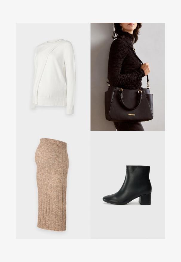 Baltas ilgas rankovės megztinis su apvaliu iškirpimu, turintis įstrižai sulankstytą dizainą priekyje ir raštuotus rankogalvius bei apačią. Minkšta medžiaga.; Ruda juostos sijonas su elastine juosta, iki kelių ilgio, su lygiu tekstūru ir vienodu raštu, pateiktas šoniniame vaizde prieš baltą foną.; Juodos odinės aulinės botai su smailiu priekiniu pirštu ir storu kulnu. Lygus tekstūra su minimaliomis detalėmis ir elegantišku, tvirtai priglundančiu dizainu.; Juodas rankinės maišelis su struktūrizuota paviršiumi, dvigubais viršutiniais rankenėlėmis ir reguliuojamu peties diržu. Įrengtas aukso spalvos furnitūra ir šoninės kišenės.