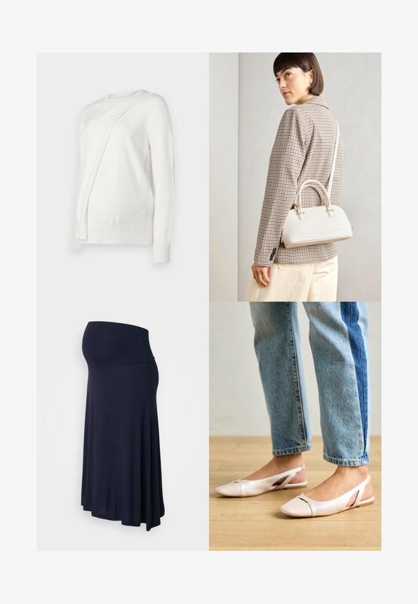 White long-sleeve sweater with a round neckline, featuring a diagonal folded design on the front and ribbed cuffs and hem. Soft material.; Maternity skirt in navy blue, made of soft, stretchy fabric. Features a high waistband and a flowing, A-line design.; Pale pink slingback flats with a pointed toe, made from a smooth leather-like material. Features cut-out details at the sides and a flat heel.; White structured handbag with short handles and a shoulder strap, featuring gold hardware accents and textured material, displayed against a grey background.