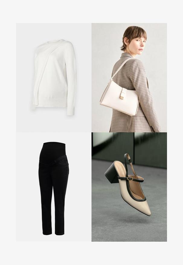Biały sweter z długim rękawem, o okrągłym dekolcie, z ukośnym złożonym wzorem z przodu oraz prążkowanymi mankietami i dołem. Miękki materiał.; Czarne dżinsy ciążowe z elastycznym, wysokim pasem i dopasowanymi nogawkami, zaprojektowane z myślą o komforcie i wsparciu w czasie ciąży.; Beżowe buty typu slingback z ostrym noskiem, czarnym wykończeniem, złotą klamrą i grubym obcasem na szarym podłożu z ciemnozielonym tłem.; Biała skórzana torebka o strukturalnym wzorze, z magnetycznym zapięciem i paskiem na ramię, zaprezentowana na neutralnym tle.