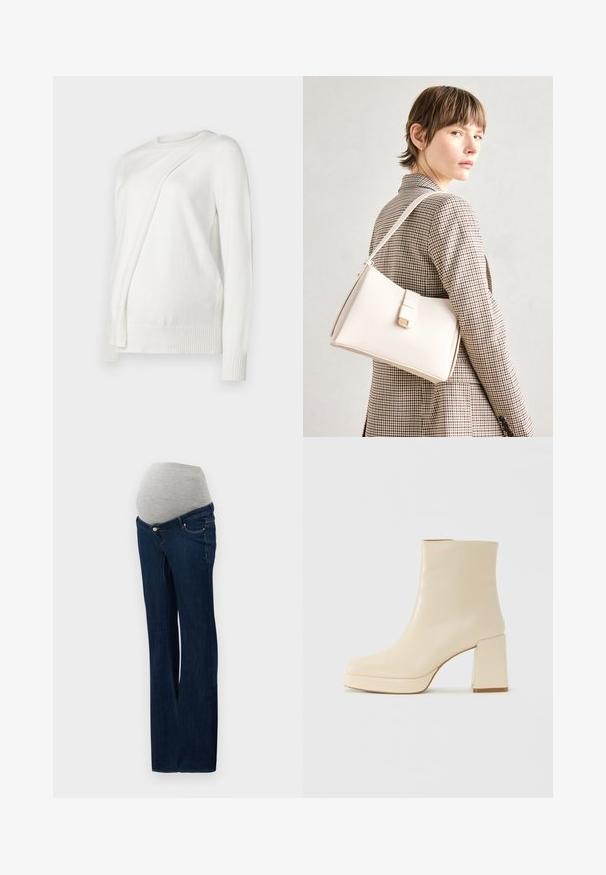 White long-sleeve sweater with a round neckline, featuring a diagonal folded design on the front and ribbed cuffs and hem. Soft material.; Maternity jeans made of dark blue denim, featuring a grey elastic belly panel, straight leg design, and front pockets with metallic accents.; Beige leather ankle boot with block heel and platform sole, smooth finish, and slightly squared toe facing left on white background.; White leather handbag with a structured design, featuring a magnetic clasp and a shoulder strap, showcased against a neutral background.