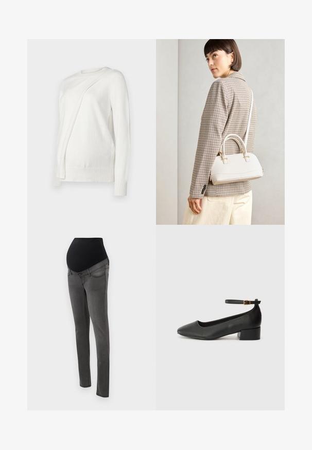 Fehér, hosszú ujjú pulóver kerek nyakkivágással, az elején átlósan hajtott dizájnnal, bordás mandzsettákkal és szegéllyel. Puha anyag.; Terhességi farmernadrág fekete, rugalmas derékrésszel, szürke denim anyagból, slim-fit kialakítással és zsebekkel. Jellemzői a sima textúra és az egyszerű vonalak.; Fekete bőr magassarkú cipő hegyes orral és alacsony tömb sarkal. Bokapánttal rendelkezik, aranyszínű csattal. Simább textúra.; Fehér, strukturált kézitáska rövid füllel és vállpánttal, arany színű fém kiegészítőkkel és texturált anyagból, szürke háttér előtt bemutatva.