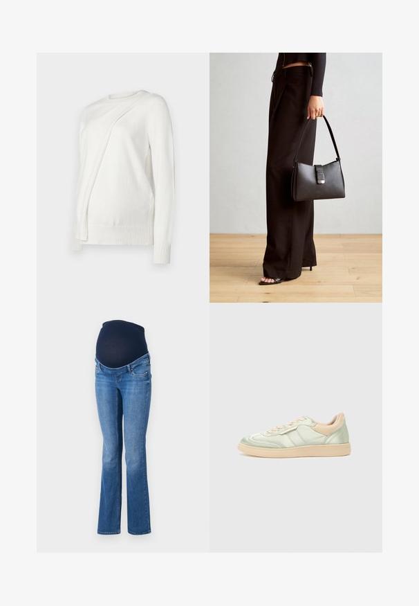 Maglione bianco a maniche lunghe con scollatura rotonda, caratterizzato da un design diagonale pieghettato sul davanti e polsini e orlo a costine. Materiale morbido.; Jeans premaman con una fascia in morbido tessuto blu scuro e denim azzurro, con design a gamba svasata e stile a cinque tasche.; Sneaker in raso verde chiaro con finitura testurizzata, dettagli beige, punta rotonda e lacci. Suola in gomma e design a striscia minimalista.; Borsa nera con forma strutturata, texture liscia e una chiusura metallica. Abbinata a pantaloni neri larghi e sandali open-toe su un pavimento in legno.