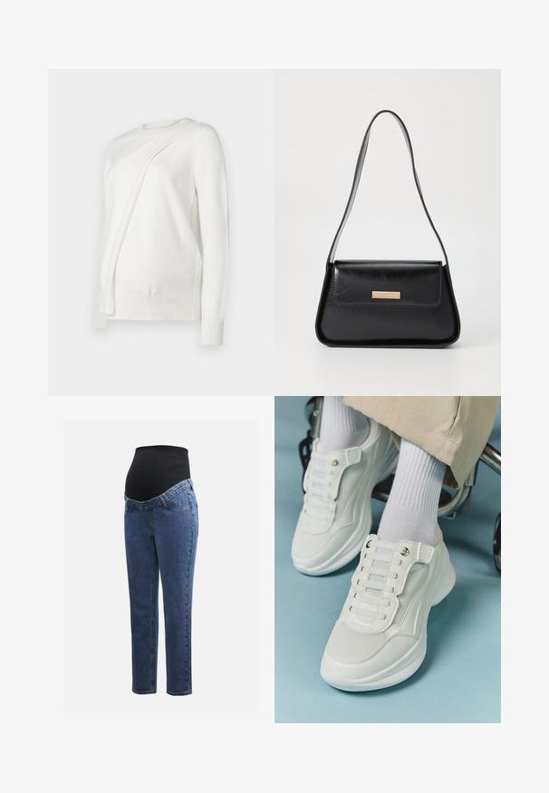 Bijela dugorukava džemper s okruglim izrezom, s dijagonalnim presavijenim dizajnom sprijeda i rebrastim manžetama i donjim rubom. Mekani materijal.; Trudnice traperice s plavim traper nogavicama i crnim rastezljivim trbuh panelom dizajnirane za podršku i prekrivanje rastoće trbuščića.; Bijele tenisice s mrežastim materijalom, gumeni potplat, dizajn bez vezica s elastičnim trakama i zlatnim detaljima.; Crna kožna torba s oblikom ugla, s tankom trakicom i zlatnim detaljima, koja ima oznaku s logom na prednjem preklopu.