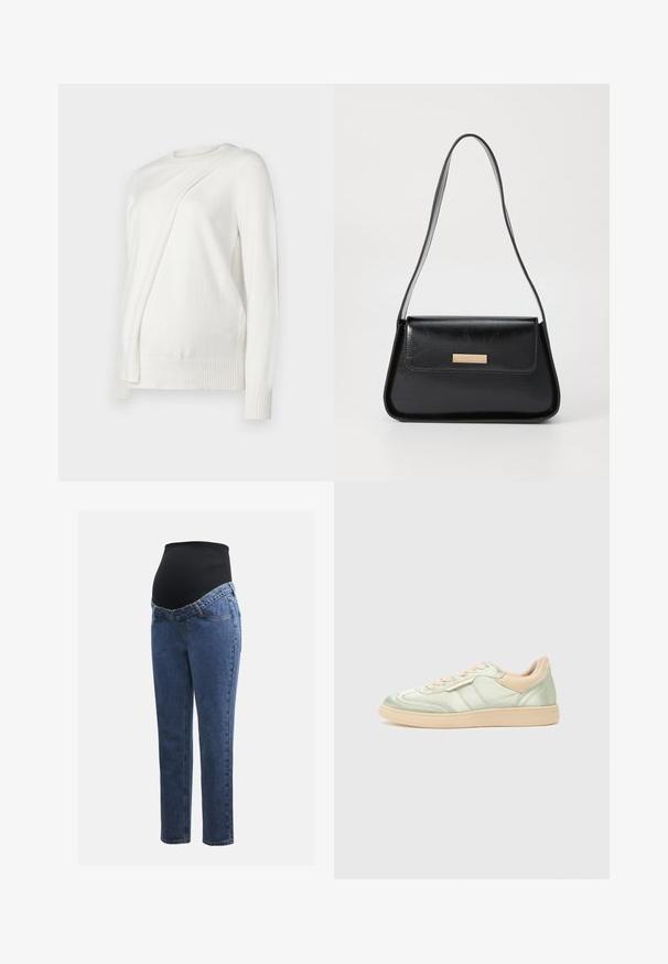 Bílý svetr s dlouhým rukávem a kulatým výstřihem, se šikmým skládáním na přední straně a žebrovanými manžetami a lemem. Měkký materiál.; Těhotenské džíny s modrými denimovými nohavicemi a černým elastickým břišním panelem navrženým tak, aby podporoval a zakrýval rostoucí bříško.; Světle zelené saténové tenisky s texturovaným povrchem, béžovými akcenty, zaoblenou špičkou a tkaničkami. Gumová podrážka a minimalistický pruhový design.; Černá kožená kabelka se strukturovaným trojúhelníkovým tvarem, štíhlým popruhem a zlatými kovovými prvky, na přední klopě s logovými destičkami.