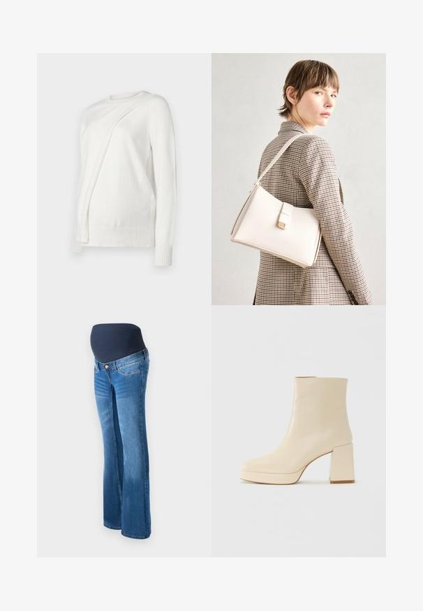 Baltas ilgas rankovės megztinis su apvaliu iškirpimu, turintis įstrižai sulankstytą dizainą priekyje ir raštuotus rankogalvius bei apačią. Minkšta medžiaga.; Mamos džinsai, pagaminti iš mėlynos džinsinės medžiagos, su tamsiai mėlynu tamprių juosmeniu, išplatintomis kojomis ir klasikiniu penkių kišenių dizainu.; Smėlio spalvos odiniai aulinukai su blokuotu kulnu ir platforma, lygiu paviršiumi ir šiek tiek kvadratiniu nosiu, pasukti kairėn ant balto fono.; Balto odos rankinė su struktūrizuotu dizainu, turinti magnetinį užsegimą ir petnešą, demonstruojama prieš neutralią foną.