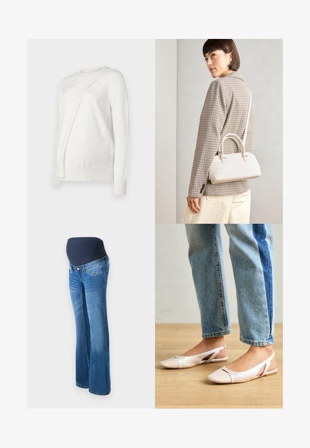Fehér, hosszú ujjú pulóver kerek nyakkivágással, az elején átlósan hajtott dizájnnal, bordás mandzsettákkal és szegéllyel. Puha anyag.; Kismama farmernadrág kék denimből, sötét tengerészkék rugalmas betéttel a deréknál, harang szabással és klasszikus öt zsebes dizájnnal.; Világos rózsaszín slingback laposlábú cipők, hegyes orral, sima bőrhatású anyagból készült. Oldalt kivágott részletek találhatók rajta, valamint lapos sarkú.; Fehér, strukturált kézitáska rövid füllel és vállpánttal, arany színű fém kiegészítőkkel és texturált anyagból, szürke háttér előtt bemutatva.