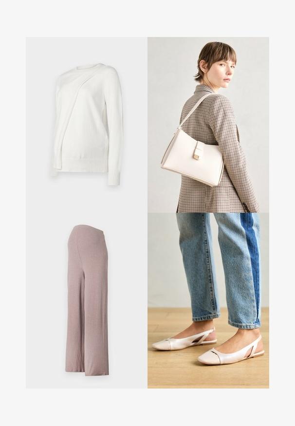 Witte lange mouwen trui met een ronde halslijn, voorzien van een diagonale gevouwen ontwerp aan de voorkant en geribde boorden en zoom. Zacht materiaal.; Lichtroze, geribde wijde broek met een naadloze tailleband, gemaakt van een zachte, textuurstof en heeft een ontspannen silhouet.; Zachtroze slingback ballerina's met een spitse neus, gemaakt van een glad leerachtig materiaal. Bevat uitsnijdingen aan de zijkanten en heeft een platte hak.; Witte leren handtas met een gestructureerd ontwerp, voorzien van een magneetsluiting en een schouderriem, tentoongesteld tegen een neutrale achtergrond.