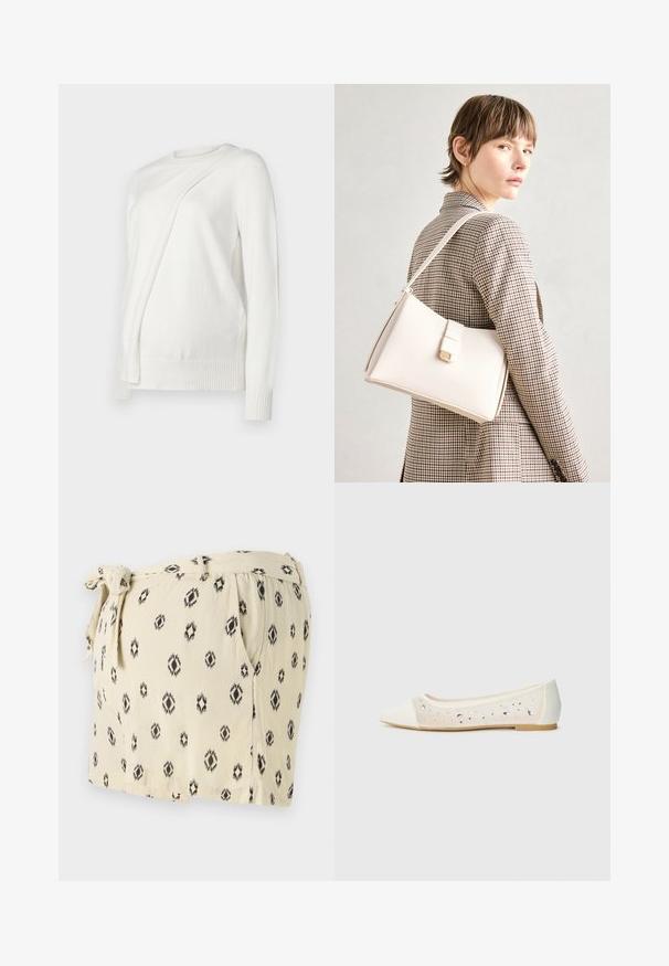 White long-sleeve sweater with a round neckline, featuring a diagonal folded design on the front and ribbed cuffs and hem. Soft material.; Light beige shorts with black geometric patterns, featuring a tie waist, side pockets, and a relaxed fit. Made of soft fabric.; Pointed-toe flat in cream leather with transparent upper featuring scattered rhinestones. Soft sole for comfort, minimalistic design.; White leather handbag with a structured design, featuring a magnetic clasp and a shoulder strap, showcased against a neutral background.