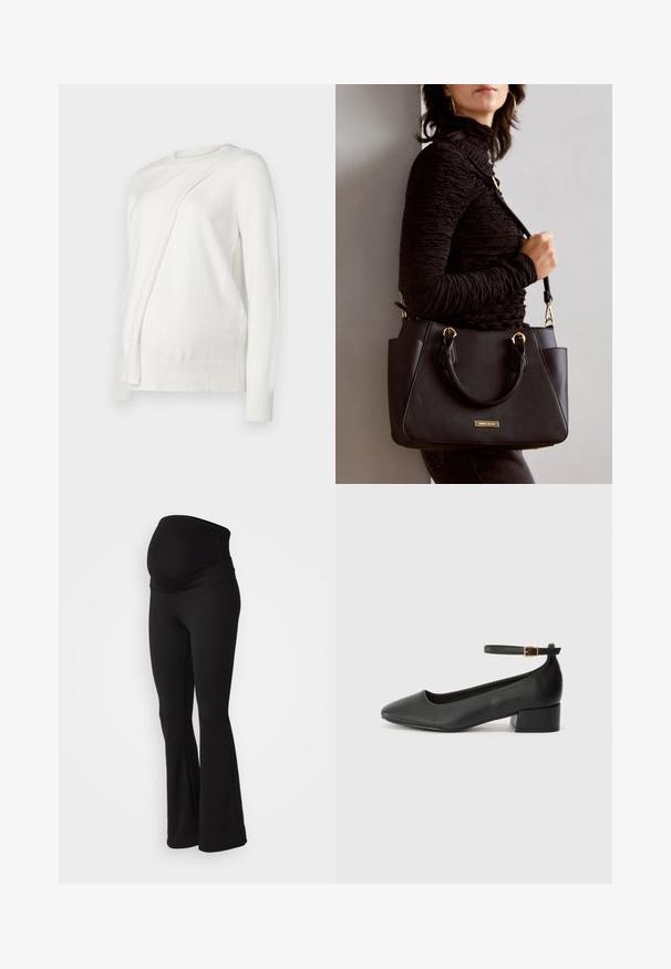 White long-sleeve sweater with a round neckline, featuring a diagonal folded design on the front and ribbed cuffs and hem. Soft material.; Black maternity leggings with a wide, stretchy waistband, flared design, and soft fabric texture suitable for comfort and support.; Black leather pump with a pointed toe and a low block heel. Features an ankle strap with a gold-tone buckle. Smooth texture.; Black handbag with textured surface, dual top handles, and adjustable shoulder strap. Features gold-tone hardware and side pockets.