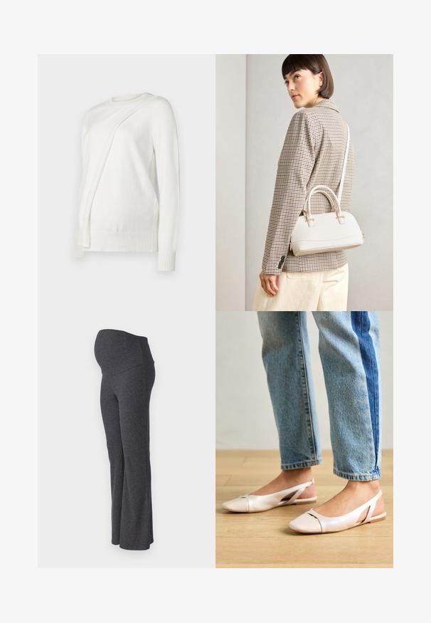 Valkoinen pitkähihaisen neuleen, jossa on pyöreä kaula-aukko, etuosassa on diagonaalinen laskostettu muotoilu ja ribbireunukset hihoissa sekä helman kohdalla. Pehmeä materiaali.; ONLY MATERNITY OLMHALLE - Housut - dark grey; Vaaleanpunaiset slingback-ballerinat, joissa on terävä kärki, valmistettu sileästä nahkamaisesta materiaalista. Sivujen leikkuuyksityiskohdat ja tasapohja.; Valkoinen rakenteellinen käsilaukku, jossa on lyhyet kahvat ja olkahihna, varustettu kultaisilla metalliosilla ja tekstuurilla, esillä harmaata taustaa vasten.