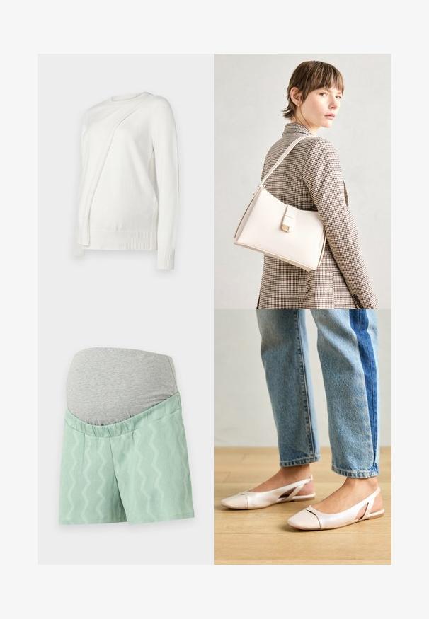 Maglione bianco a maniche lunghe con scollatura rotonda, caratterizzato da un design diagonale pieghettato sul davanti e polsini e orlo a costine. Materiale morbido.; Shorts verde menta con un motivo a zigzag testurizzato, dotati di una fascia in grigio elastico per il comfort. Hanno una vestibilità comoda e un tessuto liscio.; Ballerine slingback rosa pallido con punta affusolata, realizzate in un materiale simile alla pelle liscio. Presentano dettagli a taglio sui lati e un tacco piatto.; Borsa a mano in pelle bianca con un design strutturato, presente di un clasp magnetico e una tracolla, esposta su uno sfondo neutro.