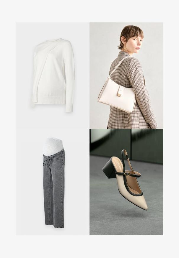 Biały sweter z długim rękawem, o okrągłym dekolcie, z ukośnym złożonym wzorem z przodu oraz prążkowanymi mankietami i dołem. Miękki materiał.; Vero Moda Maternity VMMTESSA niebieski denim; Beżowe buty typu slingback z ostrym noskiem, czarnym wykończeniem, złotą klamrą i grubym obcasem na szarym podłożu z ciemnozielonym tłem.; Biała skórzana torebka o strukturalnym wzorze, z magnetycznym zapięciem i paskiem na ramię, zaprezentowana na neutralnym tle.