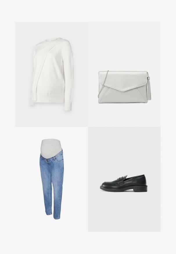 Fehér, hosszú ujjú pulóver kerek nyakkivágással, az elején átlósan hajtott dizájnnal, bordás mandzsettákkal és szegéllyel. Puha anyag.; Kismama farmernadrág, világoskék denim anyagból, egyenes szárú fazonnal és szürke elastikus pocakpánttal a kényelem érdekében.; Fekete bőr loaferek kerek orral, varrott részletekkel és kis sarkal. Sima textúrájúak és rugalmas gumitalppal rendelkeznek.; Ezüst szintetikus bőr cluth táska boríték formájú dizájnnal, láncos vállpánttal és egy oldalán bojt részlettel, amely szögletes varrásokkal rendelkezik.