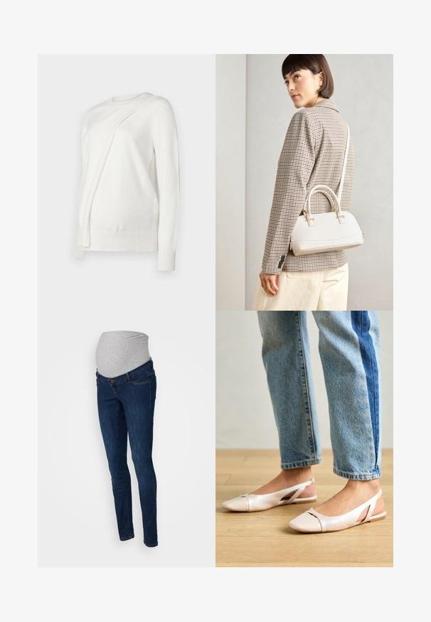 Bijela dugorukava džemper s okruglim izrezom, s dijagonalnim presavijenim dizajnom sprijeda i rebrastim manžetama i donjim rubom. Mekani materijal.; Trudničke traperice u tamnoplavom denimu s sivim rastezljivim pojasom. Uski kroj s klasičnim pet džepova i petljama za remen.; Svijetlo ružičaste slingback balerinke s šiljastim vrhom, izrađene od glatkog materijala nalik koži. Sadrže izrezane detalje sa strane i ravnu petu.; Bijela strukturna torba s kratkim ručkama i remenom za rame, s zlatnim metalnim detaljima i teksturiranim materijalom, prikazana na sivoj pozadini.