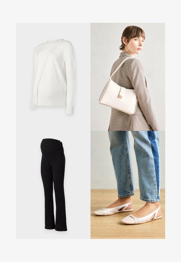 Biely svetlý sveter s dlhým rukávom a okrúhlym výstrihom, s diagonálne prehnutým dizajnom na prednej strane a rebrovanými manžetami a lemom. Mäkkučký materiál.; Čierne tehotenské legíny s textúrovaným diamantom, širokým pásom na podporu a rozšíreným spodným dizajnom.; Svetloružové slingback baleríny s jemne špicatou špičkou, vyrobené z hladkého materiálu pripomínajúceho kožu. Majú výrezové detaily na stranách a plochý opätok.; Biely kožený kabelka so štruktúrovaným dizajnom, s magnetickým uzáverom a ramenným popruhom, vystavená na neutrálnom pozadí.