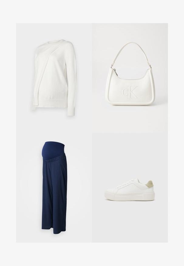 Hvit langermet genser med rund halslinning, med et skrått, foldet design foran og ribbede mansjetter og nederkant. Mykt materiale.; Marineblå gravidebukser med en strækbar, struktureret talje. Benene er brede og luftige, designet til komfort under graviditeten.; Hvit sneaker med en glatt lær-overdel, lys grå swede hæl-aksent og en kraftig hvit gummisåle. Har en snøring design.; Hvit lærveske med en buet fasong, med et preget "CK"-logo på forsiden og en enkel skulderstropp. Glidelåslukking på toppen.