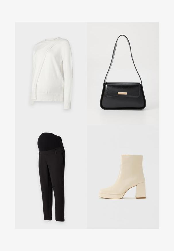 White long-sleeve sweater with a round neckline, featuring a diagonal folded design on the front and ribbed cuffs and hem. Soft material.; Black maternity trousers featuring a high, elastic waistband and tapered leg design. Fabric has a smooth texture with a slight sheen.; Beige leather ankle boot with block heel and platform sole, smooth finish, and slightly squared toe facing left on white background.; Black leather handbag with a structured triangular shape, slim strap, and gold-tone hardware featuring a logo plaque on the front flap.
