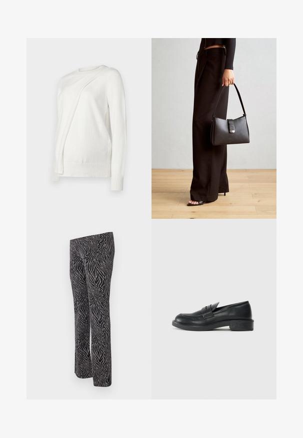 Biely svetlý sveter s dlhým rukávom a okrúhlym výstrihom, s diagonálne prehnutým dizajnom na prednej strane a rebrovanými manžetami a lemom. Mäkkučký materiál.; Čierne a strieborné legíny s pruhovaným vzorom zo zebra, elastický materiál, rovný strih a vysoký pás.; Čierne kožené mokasíny s okrúhlym špičkou, prešívanými detailmi a malým opätkom. Hladký povrch a flexibilná gumová podrážka.; Čierna kabelka so štruktúrovaným tvarom, hladkou textúrou a kovovou sponou. V kombinácii so širokými čiernymi nohavicami a sandálmi s otvorenou špičkou na drevenej podlahe.