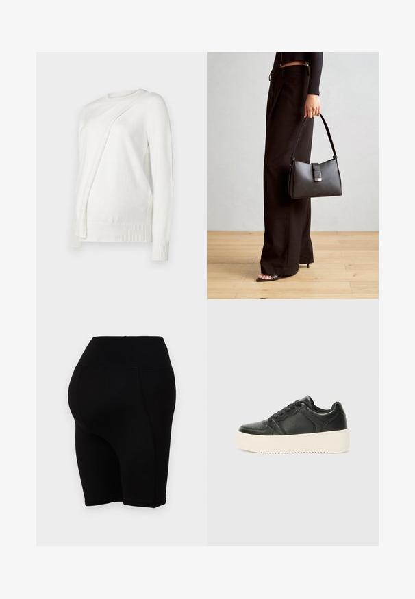 White long-sleeve sweater with a round neckline, featuring a diagonal folded design on the front and ribbed cuffs and hem. Soft material.; Black high-waisted cycling shorts with a smooth texture, feature fitted design and stitched seams, extending to just above the knee.; Black leather sneaker with a smooth texture, thick cream-colored sole, round toe, and classic lace-up design. Subtle stitching details.; Black handbag with structured shape, smooth texture, and a metallic clasp. Paired with wide black pants and open-toe sandals on wooden floor.