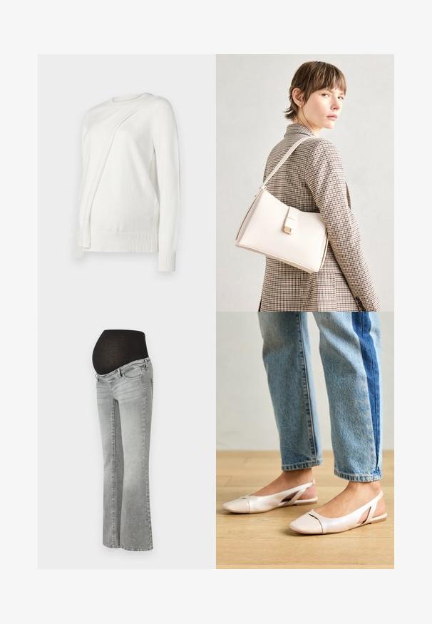 Witte lange mouwen trui met een ronde halslijn, voorzien van een diagonale gevouwen ontwerp aan de voorkant en geribde boorden en zoom. Zacht materiaal.; Draagbare zwangerschapsjeans in grijze denim met een rekbare zwarte buikband, voorzien van een rechte broekspijpen en een subtiele vervaagde textuur.; Zachtroze slingback ballerina's met een spitse neus, gemaakt van een glad leerachtig materiaal. Bevat uitsnijdingen aan de zijkanten en heeft een platte hak.; Witte leren handtas met een gestructureerd ontwerp, voorzien van een magneetsluiting en een schouderriem, tentoongesteld tegen een neutrale achtergrond.