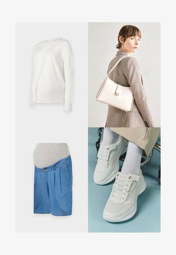 Sweater branco de mangas compridas com um decote redondo, apresentando um design diagonal dobrado na frente e punhos e bainha canelados. Material suave.; Calças de maternidade de ganga com um cós elástico cinza, com pregas e fecho de botão, na cor azul clara e com uma textura suave.; Tênis brancos com material em rede, sola de borracha, design sem atacadores com faixas elásticas e detalhes em tom dourado.; Bolsa de mão em couro branco com um design estruturado, apresentando um fecho magnético e uma alça de ombro, exibida sobre um fundo neutro.