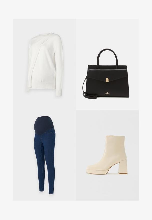 Bijela dugorukava džemper s okruglim izrezom, s dijagonalnim presavijenim dizajnom sprijeda i rebrastim manžetama i donjim rubom. Mekani materijal.; Trudničke traperice u tamnoplavom denimu, s rastezljivim tamnim pojasom i slim fit dizajnom s džepovima.; Bež kožne gležnjače s blok petom i platformom, glatke površine, i lagano kvadratnim vrhom, okrenute lijevo na bijeloj pozadini.; Crna kožna torba s strukturiranim oblikom, s zlatnim kopčanjem, dvostrukim ručkama i prilagodljivim remenom za rame. Logotip prikazan sprijeda.