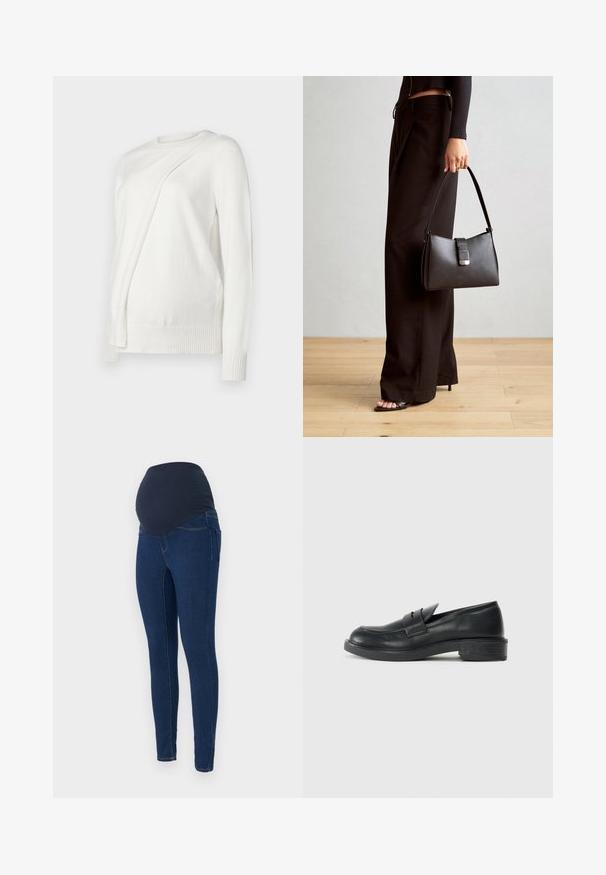 Fehér, hosszú ujjú pulóver kerek nyakkivágással, az elején átlósan hajtott dizájnnal, bordás mandzsettákkal és szegéllyel. Puha anyag.; Sötétkék denim várandós farmernadrág, rugalmas sötét derékkal és slim-fit fazonban, zsebekkel.; Fekete bőr loaferek kerek orral, varrott részletekkel és kis sarkal. Sima textúrájúak és rugalmas gumitalppal rendelkeznek.; Fekete kézi táska strukturált formával, sima textúrával és fémből készült záródással. Széles fekete nadrággal és nyitott orrú szandállal párosítva, fából készült padlón.