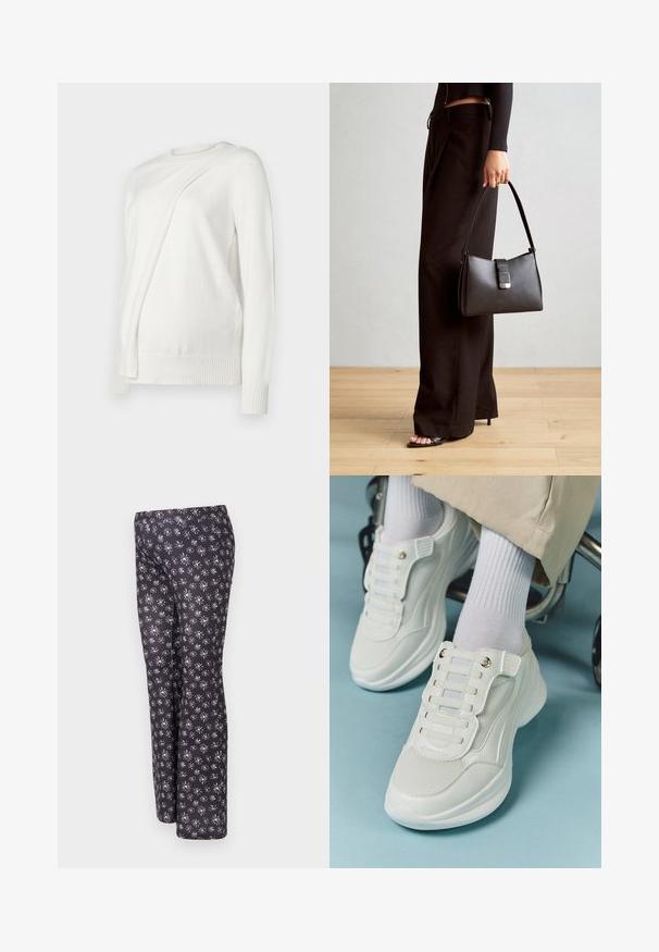 Bela dolga rokavična majica s krožnim izrezom, ki ima diagonalno zloženo zasnovo spredaj ter rebraste manšete in spodnji rob. Mehka tkanina.; Črne hlače z cvetličnim vzorcem, ki vsebuje majhne bele in vijolične rože. Narejene so iz strukturirane tkanine in oblikovane v kroju s pravimi hlačnicami.; Bele teniske z mrežastim materialom, gumene podplate, brez vezalk, z elastikami in zlatimi akcenti.; Črna torbica z strukturirano obliko, gladko teksturo in kovinskim zaponko. Ujemajo se z širokimi črnimi hlačami in odprtimi sandali na lesenem tleh.
