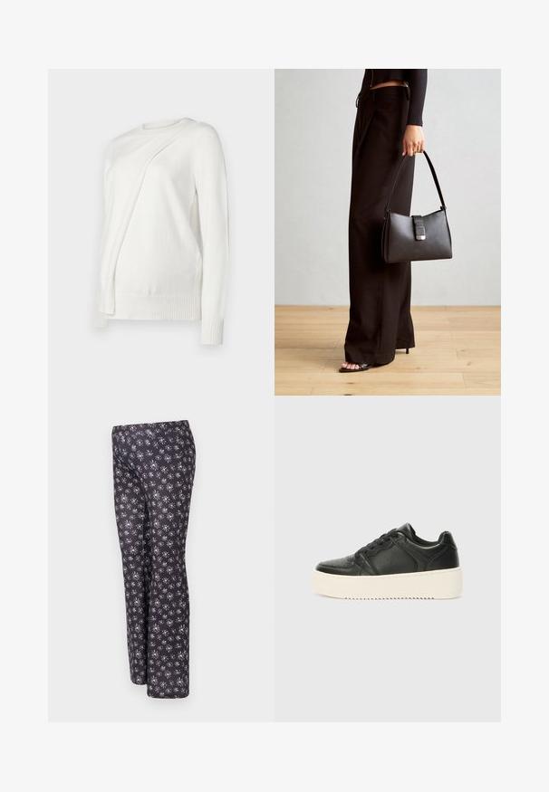 Fehér, hosszú ujjú pulóver kerek nyakkivágással, az elején átlósan hajtott dizájnnal, bordás mandzsettákkal és szegéllyel. Puha anyag.; Fekete nadrág virágmintával, apró fehér és lila virágokkal. Texturált anyagból készült, egyenes szabású kialakítással.; Fekete bőr sportcipő sima felülettel, vastag krémszínű talppal, kerek orral és klasszikus fűzős kialakítással. Finom varrási részletek.; Fekete kézi táska strukturált formával, sima textúrával és fémből készült záródással. Széles fekete nadrággal és nyitott orrú szandállal párosítva, fából készült padlón.