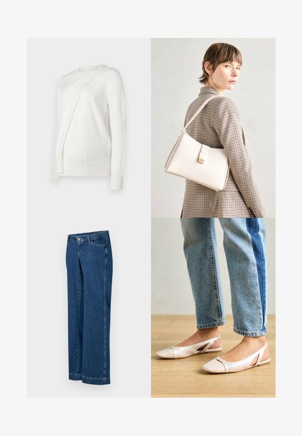 Bijela dugorukava džemper s okruglim izrezom, s dijagonalnim presavijenim dizajnom sprijeda i rebrastim manžetama i donjim rubom. Mekani materijal.; Plave traperice širokih nogavica s klasičnim dizajnom od pet džepova, zatvaračem s gumbom i vidljivim šavovima.; Svijetlo ružičaste slingback balerinke s šiljastim vrhom, izrađene od glatkog materijala nalik koži. Sadrže izrezane detalje sa strane i ravnu petu.; Bijela kožna torba s čvrstim dizajnom, s magnetskim kopčanjem i remenom za rame, prikazana na neutralnoj pozadini.