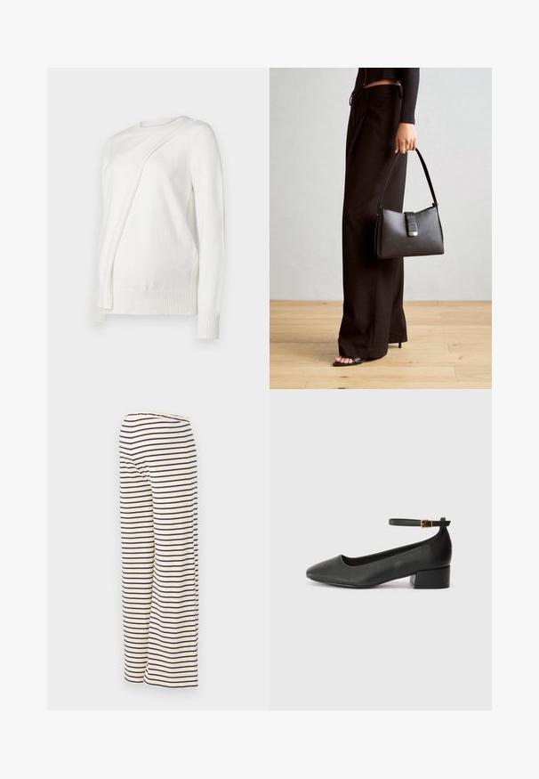 Witte lange mouwen trui met een ronde halslijn, voorzien van een diagonale gevouwen ontwerp aan de voorkant en geribde boorden en zoom. Zacht materiaal.; Gestreepte wijde pijpenbroek in crème met marineblauwe horizontale strepen, gemaakt van een zachte stof en voorzien van een elastische tailleband voor comfort.; Zwarte leren pump met een spitse neus en een lage blokhak. Beschikt over een enkelband met een goudkleurige gespsluiting. Gladde textuur.; Zwarte handtas met gestructureerde vorm, gladde textuur en een metalen sluiting. Gecombineerd met brede zwarte broeken en sandalen met open teen op een houten vloer.