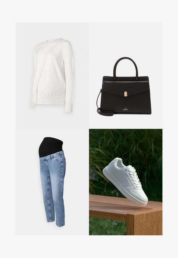 Pulover alb cu mânecă lungă și guler rotund, având un design pliat diagonal pe față și manșete și tiv din tricot. Material moale.; Jeans de maternitate cu un talie elastică neagră și blugi de culoare albastru deschis. Design cu picior dreapt și stil clasic cu cinci buzunare și spălare decolorată.; Sneaker alb cu un upper sintetic neted, cu vârf perforat, șireturi plate și o talpă texturată, expus pe o suprafață de lemn.; Geantă de piele neagră, cu o formă structurată, având o clemă de culoare aurie, două mânere și o curea de umăr reglabilă. Logo-ul este afisat pe față.