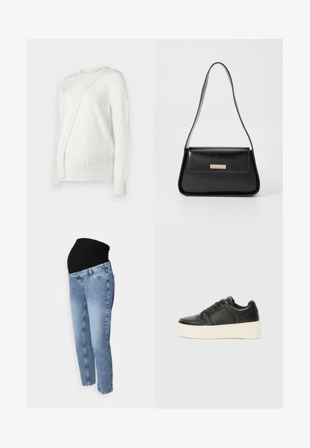 Sweater branco de mangas compridas com um decote redondo, apresentando um design diagonal dobrado na frente e punhos e bainha canelados. Material suave.; Jeans de maternidade com uma cintura elástica preta e denim azul claro. Design de perna reta com estilo clássico de cinco bolsos e lavagem desbotada.; Sapatilha de couro preta com uma textura suave, sola grossa de cor creme, bico redondo e design clássico de atacadores. Detalhes de costura subtis.; Bolsa de couro preta com uma forma triangular estruturada, alça fina e metalização dourada, apresentando uma placa de logotipo no flap frontal.