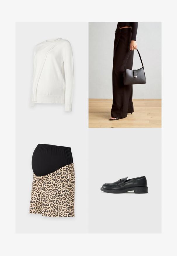 Biały sweter z długim rękawem, o okrągłym dekolcie, z ukośnym złożonym wzorem z przodu oraz prążkowanymi mankietami i dołem. Miękki materiał.; Spodenki ciążowe z czarnym elastycznym paskiem i materiałem w panterkę, z plisami i bocznymi kieszeniami dla dodatkowej funkcjonalności.; Czarne skórzane mokasyny z okrągłym noskiem, przeszyciami i niewielkim obcasem. Gładka tekstura i elastyczna gumowa podeszwa.; Czarna torebka o usztywnionym kształcie, gładkiej fakturze i metalowym zapięciem. Połączona z szerokimi czarnymi spodniami i sandałami na otwartym palcu na drewnianej podłodze.