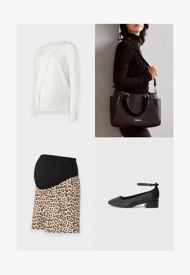 Valkoinen pitkähihaisen neuleen, jossa on pyöreä kaula-aukko, etuosassa on diagonaalinen laskostettu muotoilu ja ribbireunukset hihoissa sekä helman kohdalla. Pehmeä materiaali.; Äitiysshortsit, joissa on musta jersey-vyötärö ja leopardikuosiset kangas, muotoiltuina poimuilla ja sivutaskuilla lisätoiminnallisuutta varten.; Mustat nahkakengät, joissa on terävä kärki ja matala lohkare korko. Varustettu nilkkahihnalla, jossa on kultasävyinen solki. Lisää sileä pinta.; Musta käsilaukku, jossa on teksturoitu pinta, kaksi yläkantta ja säädettävä olkahihna. Varustettu kultasävyisillä varusteilla ja sivutaskuilla.