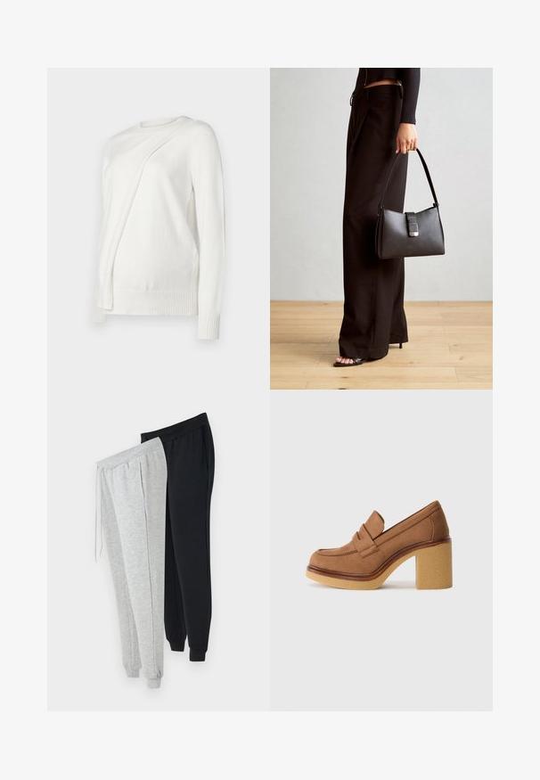 Balts garās piedurknes džemperis ar apaļu izgriezumu, priekšpusē ar diagonālu salocītu dizainu un ribotām piedurknēm un apakšmalu. Mīksts materiāls.; Divi sporta bikses: vienas gaiši pelēkas un otras melnas. Abām ir elastīga josta, sānu kabatas un sašaurināti piedurknes. Kokvilnas maisījuma materiāls.; Brūni zamšādas loaferi ar zemu platformu un kvadrātveida bloku papēdi, kuriem ir priekšējā siksniņa un gluda tekstūra.; Melnā somiņa ar strukturētu formu, gludu tekstūru un metālu sprādzi. Saskaņota ar platām melnām biksēm un sandālēm ar atvērtu purngalu uz koka grīdas.