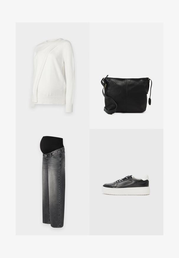 Fehér, hosszú ujjú pulóver kerek nyakkivágással, az elején átlósan hajtott dizájnnal, bordás mandzsettákkal és szegéllyel. Puha anyag.; Feszült fekete farmer anyagú várandós farmernadrág, rugalmas fekete derékrész támogatással. Széles szárú kivitel, normál elülső zsebekkel.; Kennel + Schmenger BANG - Sportcipő - schwarz/bianco; Fekete bőr keresztpántos táska lapos formával, arany fémrészekkel és állítható pánttal. Simább textúra minimális varrási részletekkel.