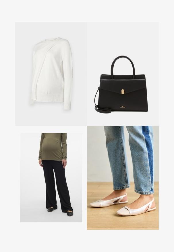 Fehér, hosszú ujjú pulóver kerek nyakkivágással, az elején átlósan hajtott dizájnnal, bordás mandzsettákkal és szegéllyel. Puha anyag.; Olíva zöld kismama felső, hosszú ujjú, deréknál összegyűrve, fekete bő szárú nadrággal párosítva. Lábbelik: fekete slip-on cipők.; Világos rózsaszín slingback laposlábú cipők, hegyes orral, sima bőrhatású anyagból készült. Oldalt kivágott részletek találhatók rajta, valamint lapos sarkú.; Fekete bőr táska, struktúrált formával, arany színű zárszerkezettel, dupla fogantyúkkal és állítható vállpánttal. A logó az elülső részen látható.