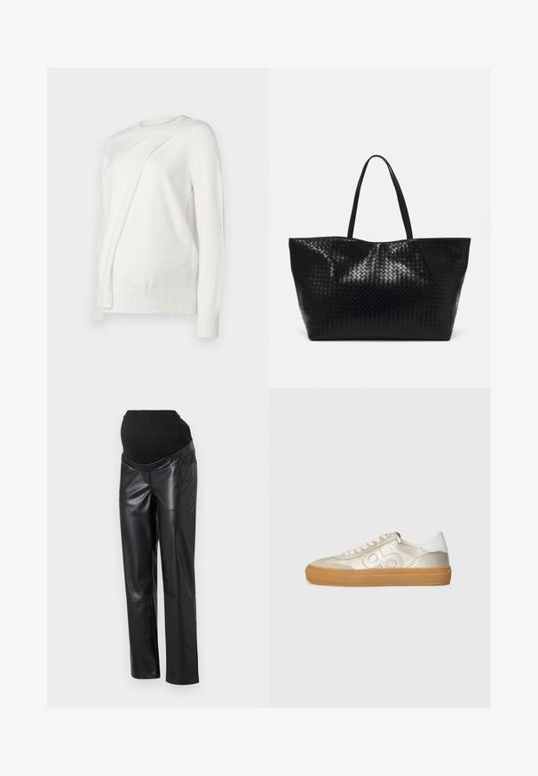 Sweater branco de mangas compridas com um decote redondo, apresentando um design diagonal dobrado na frente e punhos e bainha canelados. Material suave.; Calças de maternidade em imitação de couro pretas com um cós elástico preto, apresentando um ajuste elegante e uma cor sólida neutra.; Sapatilhas de atacadores com um upper em tecido dourado claro, sola de borracha bege e detalhes em branco no calcanhar. Apresenta um logótipo bordado de lado.; Saco tote preto trançado com duas alças robustas, apresentando uma textura brilhante e um design de topo aberto espaçoso.