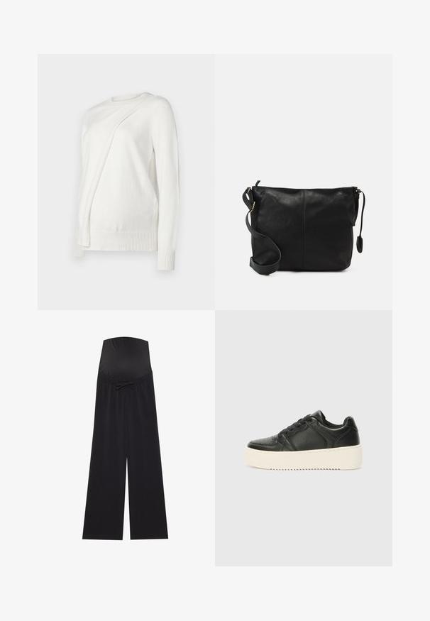 Balts garās piedurknes džemperis ar apaļu izgriezumu, priekšpusē ar diagonālu salocītu dizainu un ribotām piedurknēm un apakšmalu. Mīksts materiāls.; Melnas grūtniecību bikses ar plašu, elastīgu jostu un loku akcentu. Izgatavotas no mīkstas auduma, ar brīvu, plašu kāju dizainu.; Melnas ādas sporta apavi ar gludu tekstūru, bieza krēmkrāsas zole, apaļa purngala forma un klasiskā auklu slēdzēja dizains. Smalkas šuvju detaļas.; Melnas ādas plecu soma ar platu formu, ar zelta aksesuāriem un regulējamu siksnu. Gluda tekstūra ar minimāliem šuvju detaļām.